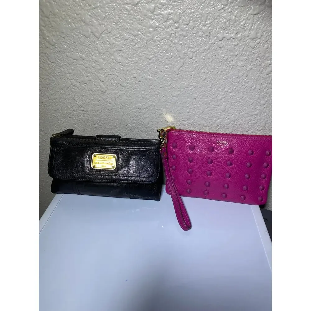 2 Fossil Items Vintage Black Leather Bifold Wallet and Fuchsia Wristlet Bundle